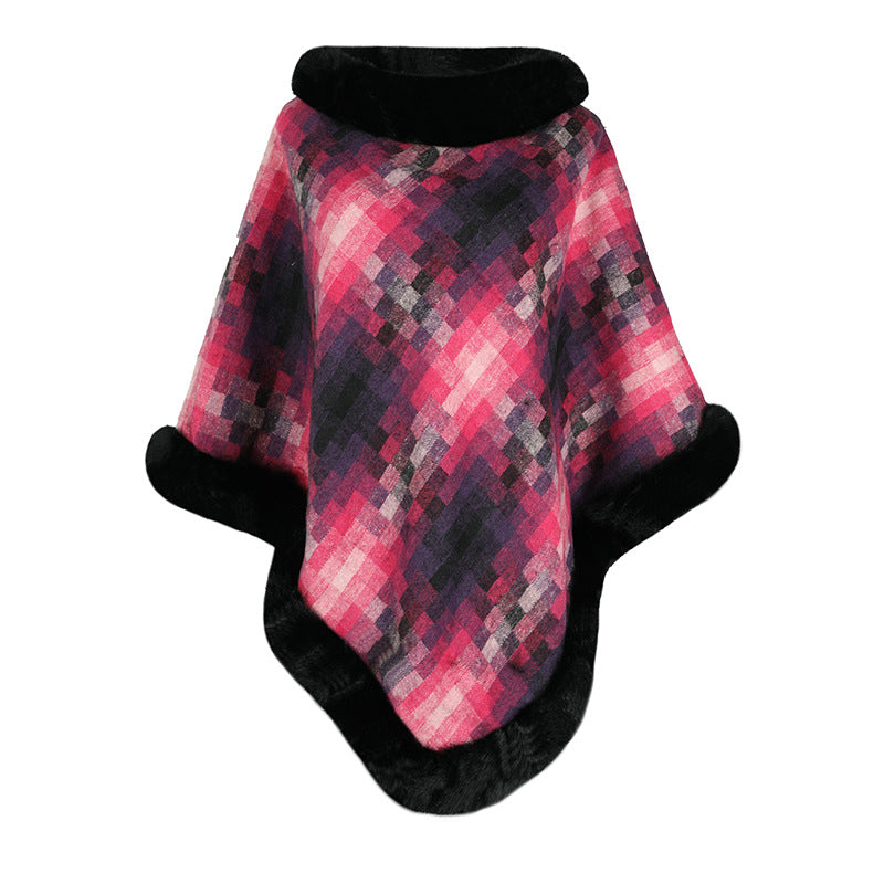 Damen modischer Poncho mit luxuriösem Kunstpelzkragen R&B