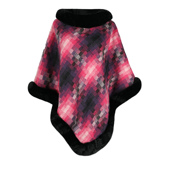 Damen modischer Poncho mit luxuriösem Kunstpelzkragen R&B