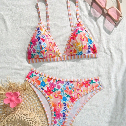 Damen Triangel-Bikini-Set mit floralem Muster und verspieltem Design R&B