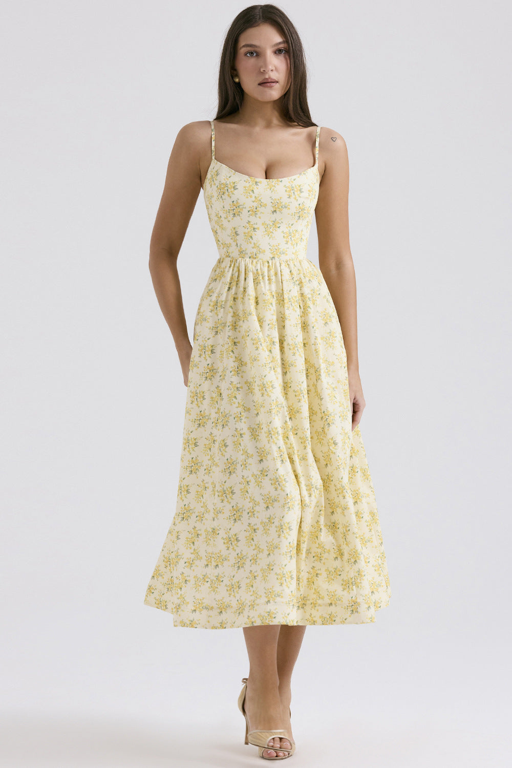 Damen Midi-Kleid mit elegantem Blumenmuster und zartem Taillenzug R&B