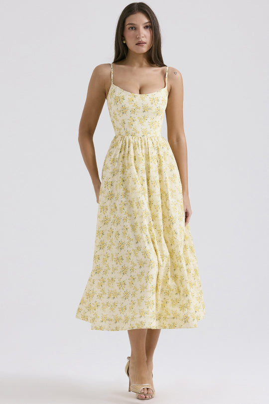 Damen Midi-Kleid mit elegantem Blumenmuster und zartem Taillenzug R&B