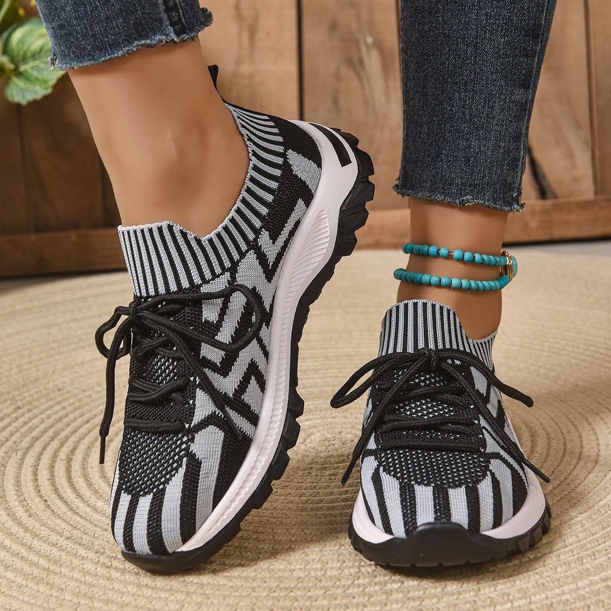 Damen Sportliche Freizeit-Sneaker mit atmungsaktiver Strickoberfläche und rutschfester Sohle R&B
