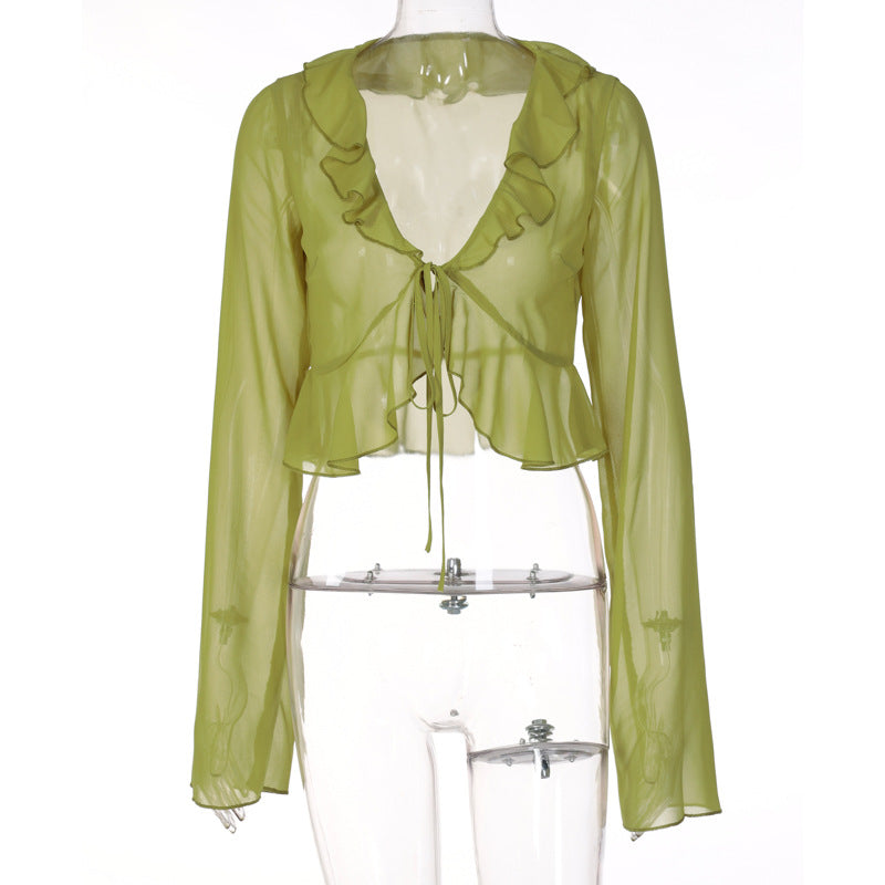 Damen Transparente Bluse mit Rüschen und Bindedetail R&B