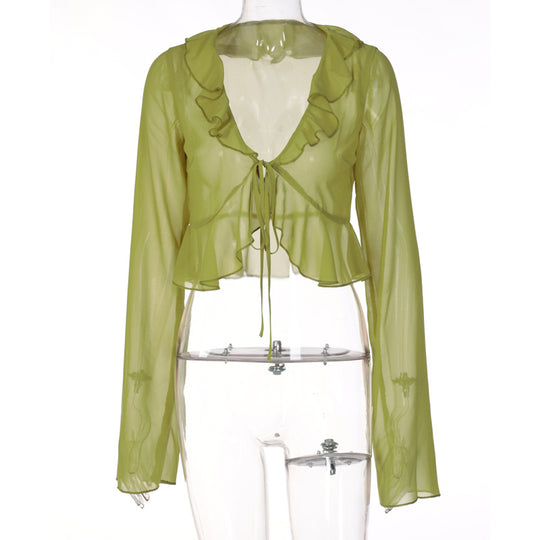 Damen Transparente Bluse mit Rüschen und Bindedetail R&B