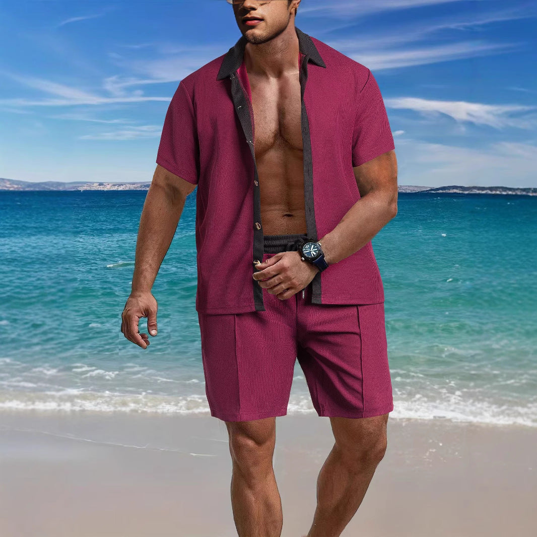 Herren nan modernes Freizeit-Set aus feinem Strukturjersey mit Hemdkragen-Knopfleiste und Kordel-Shorts R&B