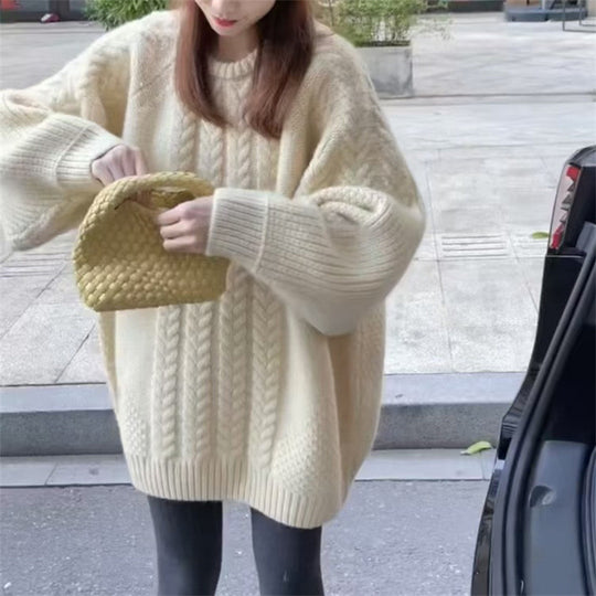 Damen Grobstrickpullover mit modischem Zopfmuster und überschnittenen Schultern R&B