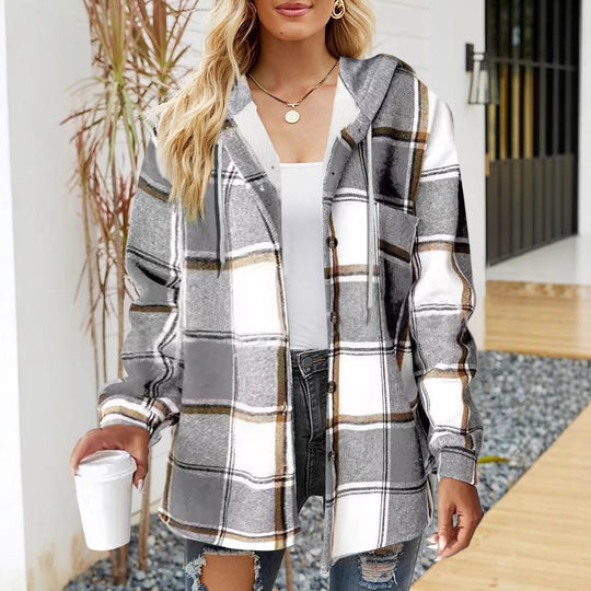 Damen lässige Overshirt-Jacke mit Kapuze und praktischem Kordelzug R&B