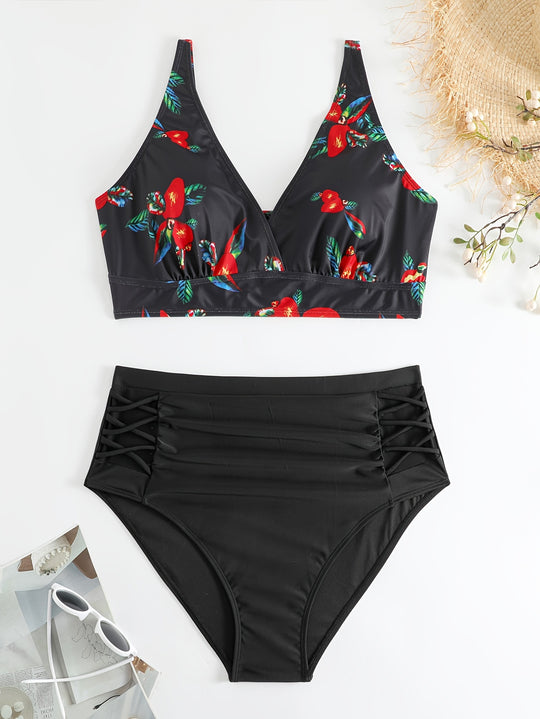 Damen Hochgeschnittener Bikini mit floralen Akzenten und raffinierten Details R&B