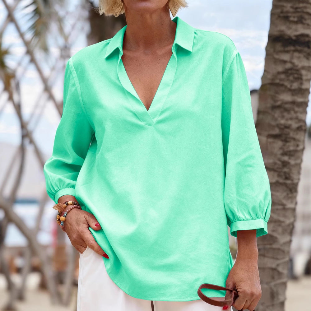 Damen Bluse mit lässigem V-Ausschnitt und elastischen Ärmeln R&B