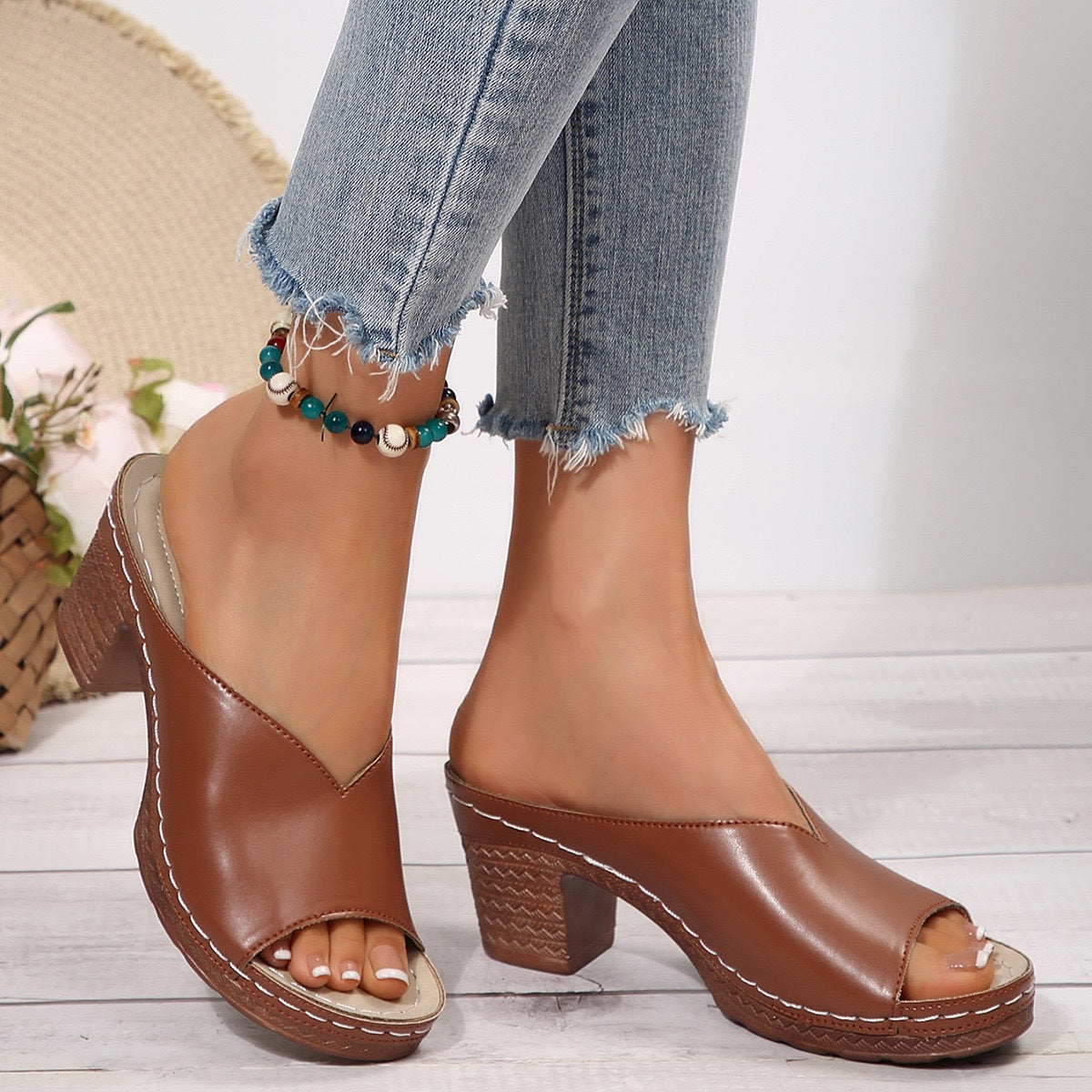 Damen Plateau-Pantoletten mit offenem Zehenbereich und ergonomischem Leder R&B
