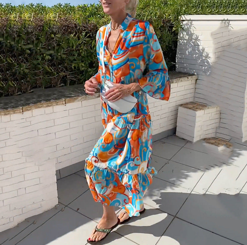 Damen nan luftiges Maxikleid mit Aquarellprint, V‑Ausschnitt, halber Knopfleiste und Stufenrock R&B