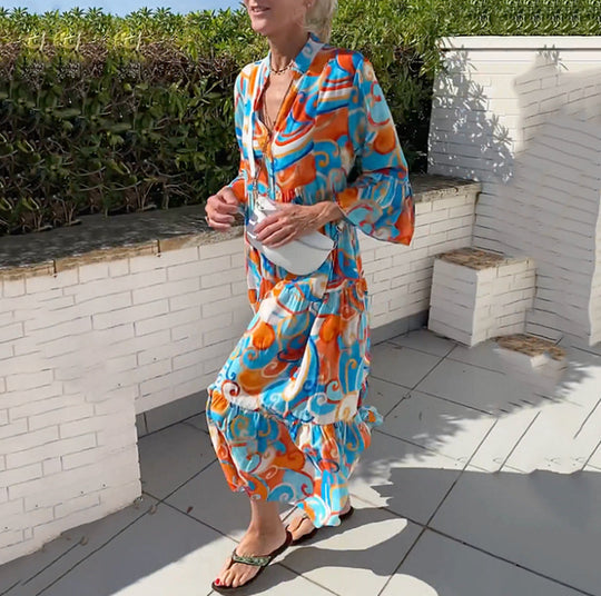 Damen nan luftiges Maxikleid mit Aquarellprint, V‑Ausschnitt, halber Knopfleiste und Stufenrock R&B