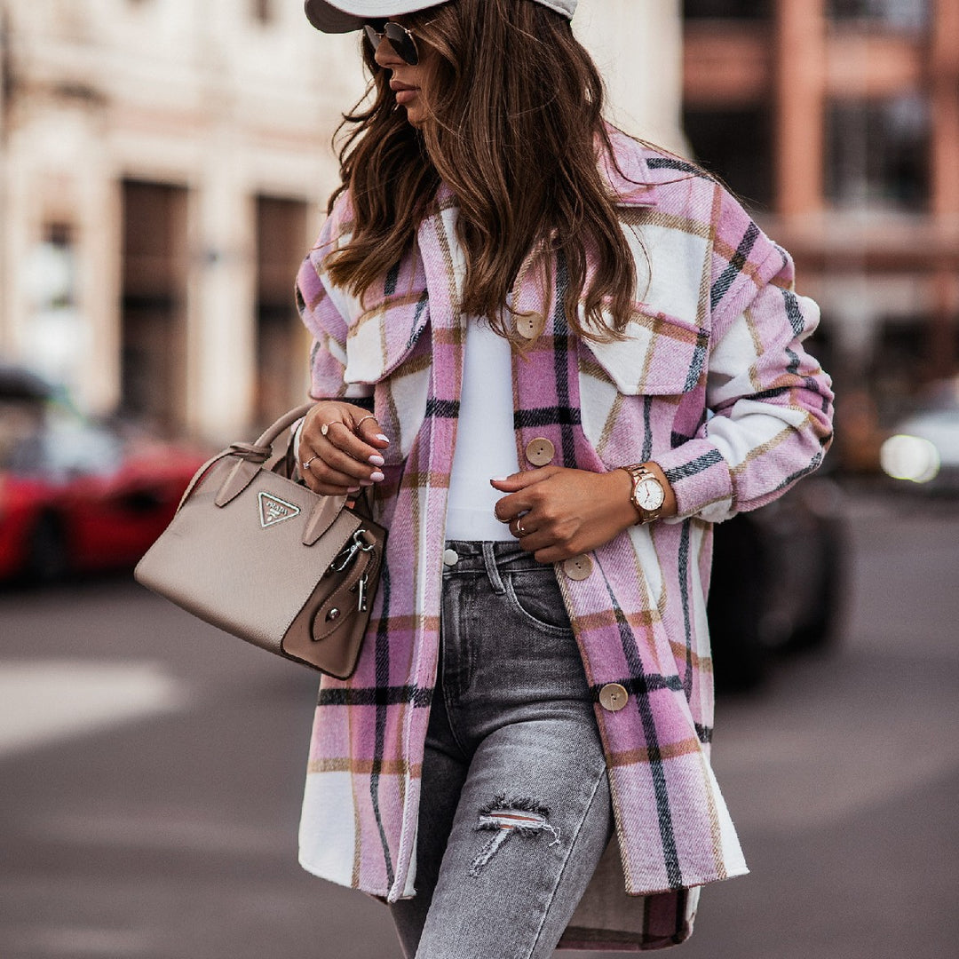 Damen Karierte Overshirt-Jacke mit praktischen Brusttaschen R&B