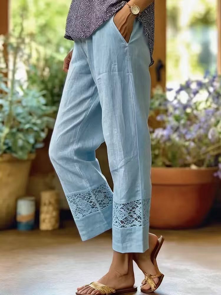 Damen Leichte Leinenhose mit Spitzenakzenten R&B