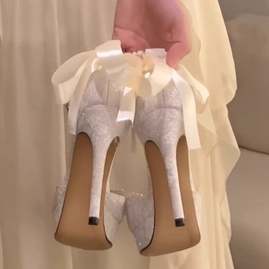 Damen elegante spitze Ballerinas mit Perlenschleifenverzierung R&B