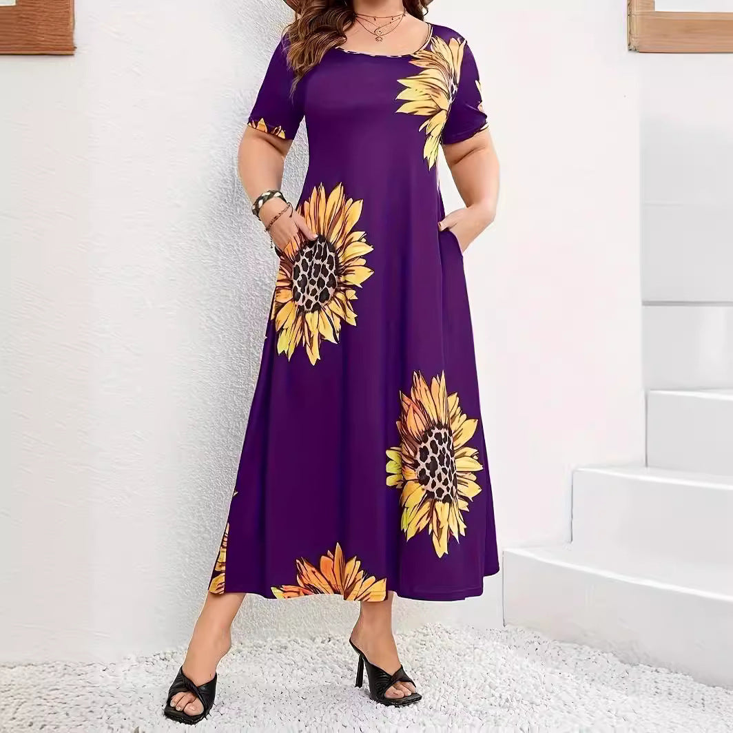 Damen Sommerliches Maxikleid mit floralem Sonnenblumenmuster und praktischen Taschen R&B