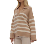 Damen kuschelige Strickpullover mit modernem Streifenmuster und V-Ausschnitt R&B