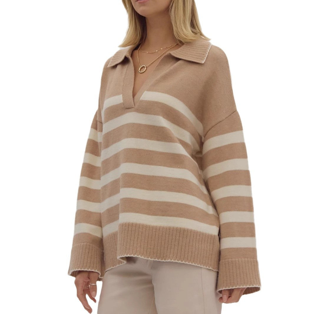 Damen kuschelige Strickpullover mit modernem Streifenmuster und V-Ausschnitt R&B