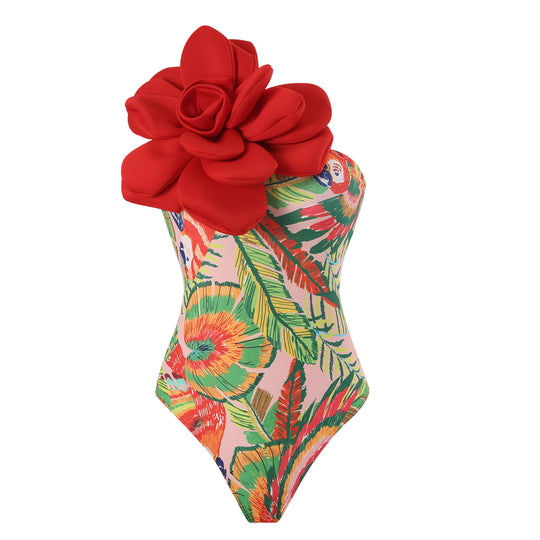 Damen Eleganter Badeanzug mit großem Blumen-Detail und transparentem Überrock R&B