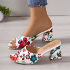 Damen Offene Mules mit floralem Muster und komfortablem Blockabsatz R&B