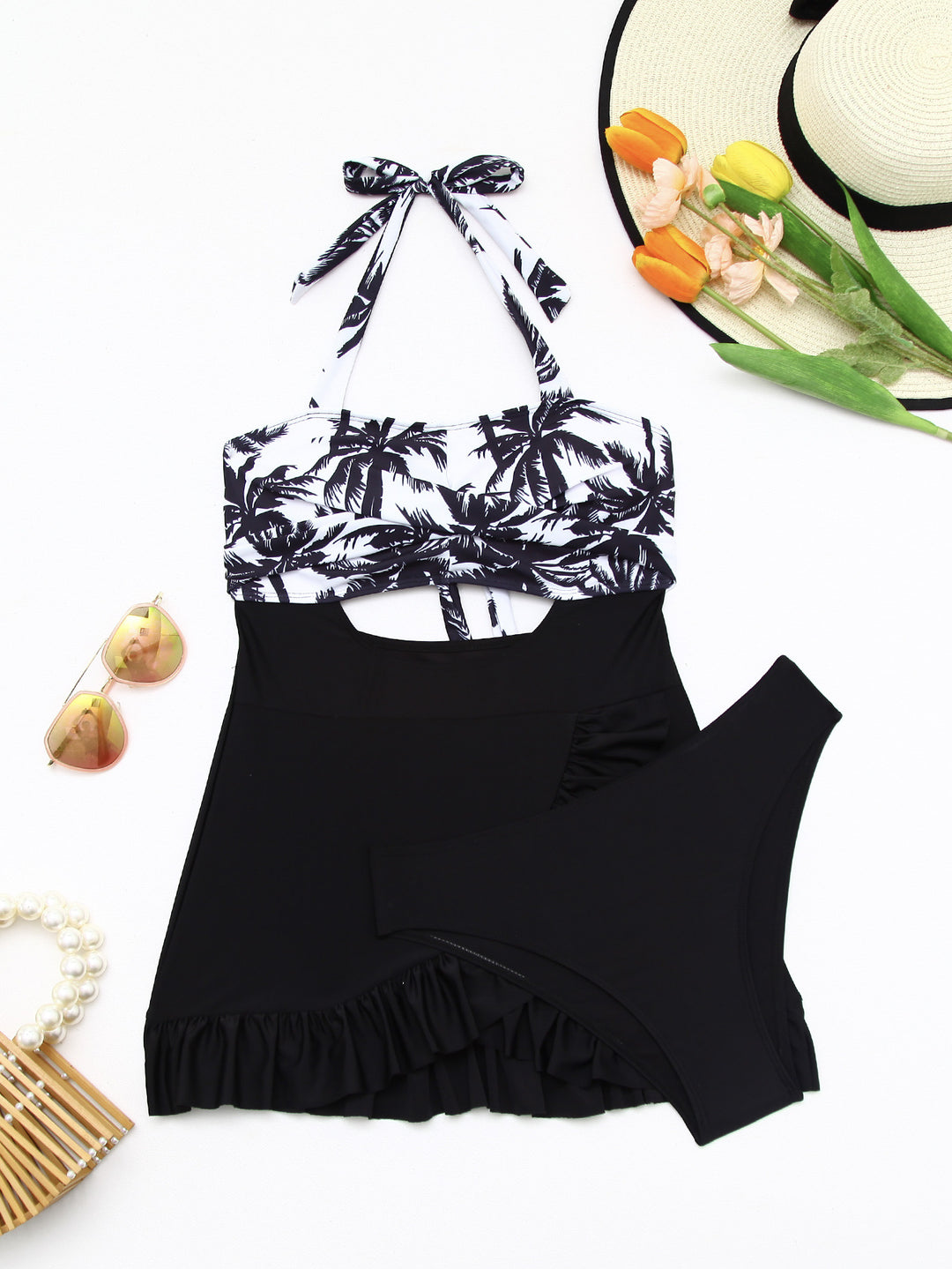 Damen Tankini-Set mit elegantem Wellenmuster und fröhlichem Rüschensaum R&B