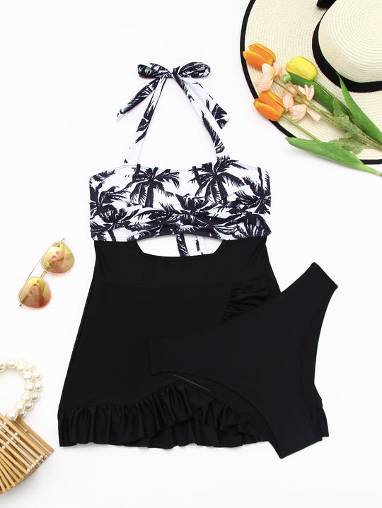 Damen Tankini-Set mit elegantem Wellenmuster und fröhlichem Rüschensaum R&B