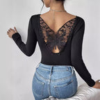 Damen Langarm Bodysuit mit eleganter Rückenausschnitt-Optik und bezaubernden Spitzenakzenten R&B