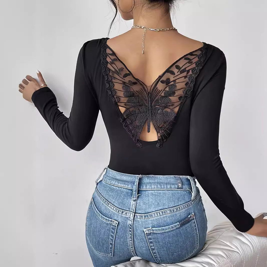 Damen Langarm Bodysuit mit eleganter Rückenausschnitt-Optik und bezaubernden Spitzenakzenten R&B