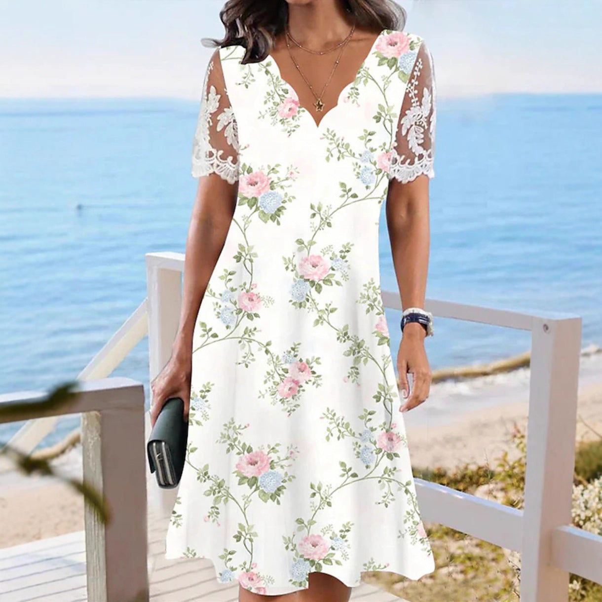 Damen nan A-Linien-Midikleid mit wellenförmigem V-Ausschnitt, ganzflächigem Blumenmuster und transparenten Spitzenärmeln R&B