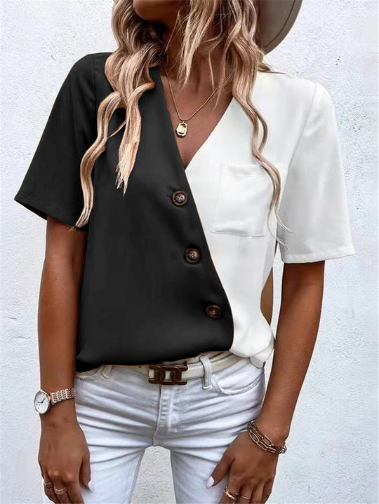 Damen Kurzarm Bluse mit asymmetrischem Schnitt und Knopfdetails R&B
