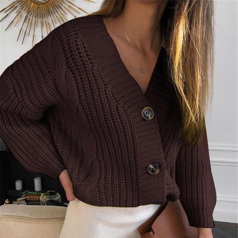 Damen Grober Strickcardigan mit großzügigem V-Ausschnitt und dekorativen Knöpfen R&B