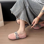 Damen komfortable Hausschuh-Slipper mit dekorativem Riemen und wärmendem Innenfutter R&B