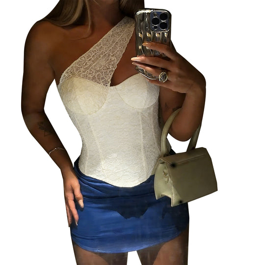 Damen Korsett-Oberteil mit verspielten Spitzen-Details und schulterfreiem Design R&B