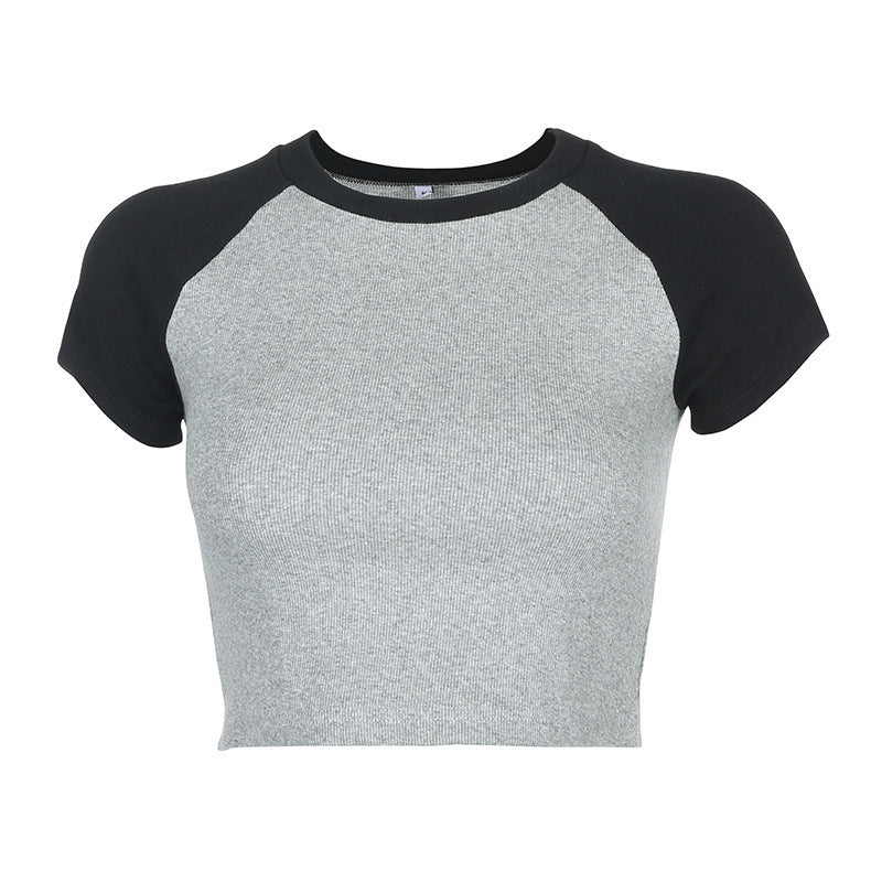 Damen Kurzarm Crop-Top mit farblich abgesetzten Raglanärmeln R&B