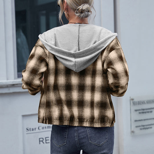 Damen lässige Baumwolljacke mit Karomuster und Kapuze R&B