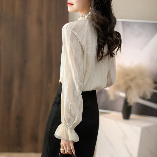 Damen Rüsch-Hochkragenbluse mit transparenten Ärmeldetails R&B