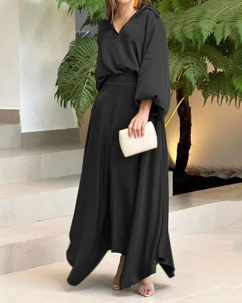 Damen Elegantes Maxikleid mit fließendem Schnitt und hochwertigem V-Ausschnitt R&B