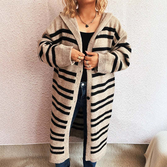 Damen gemütlicher Strickcardigan mit modischem Streifenmuster und Kapuze R&B