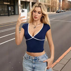 Damen Crop-Top mit V-Ausschnitt und Kontrastbesatz R&B