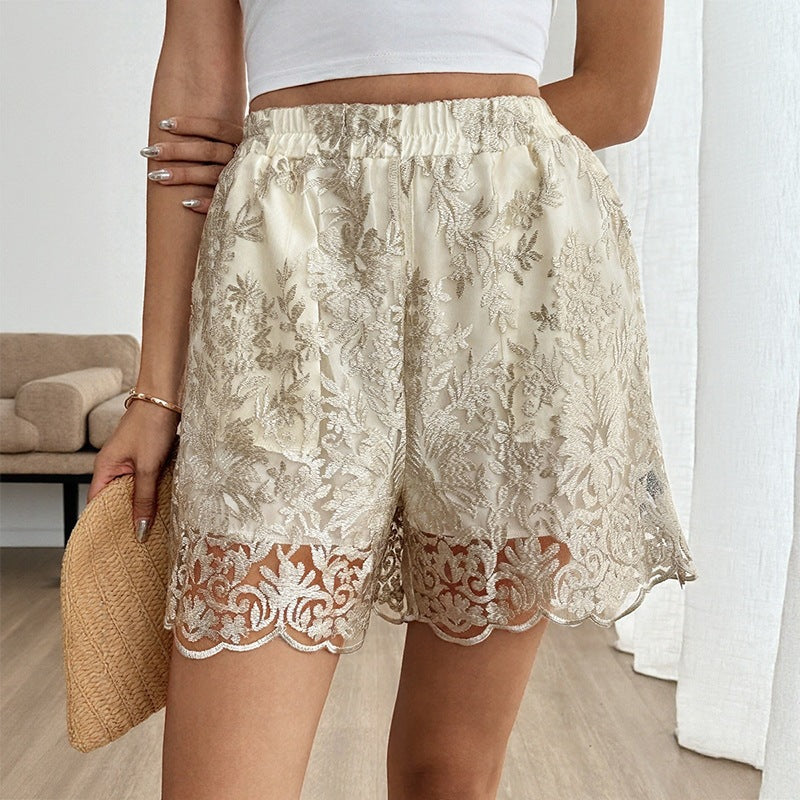 Damen Elegante Satin-Shorts mit Spitzenstickerei und elastischem Bund R&B