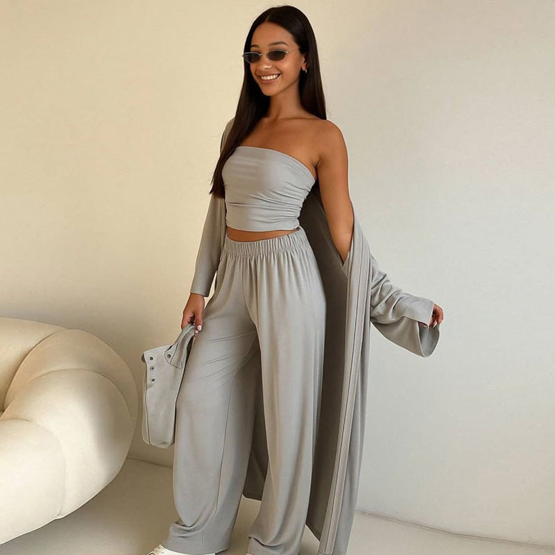Damen elegantes 3-teiliges Set mit weitem Hosen und tailliertem Oberteil R&B