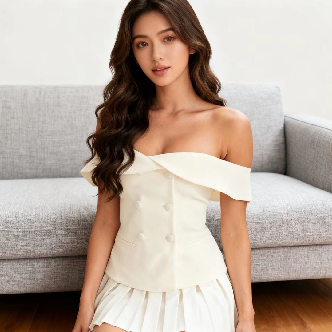 Damen Schulterfreies Cocktailkleid mit eleganten Falten und klassischem Blazer-Design R&B