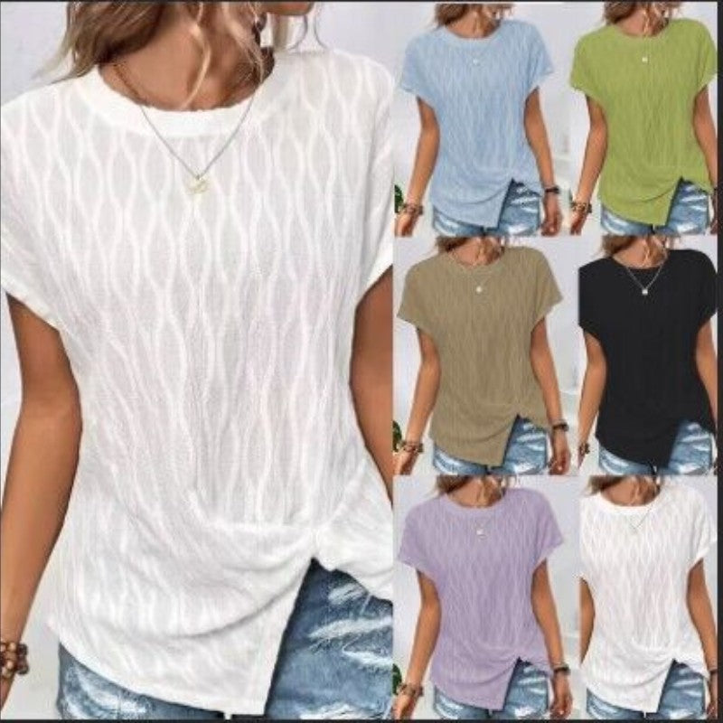 Damen Kurzarm T-Shirt mit strukturiertem Wellenmuster und hochwertiger Baumwolle R&B