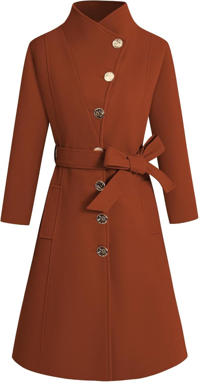 Damen eleganter Wrap-Mantel mit ausgefallenem Kragen und Gürtel R&B