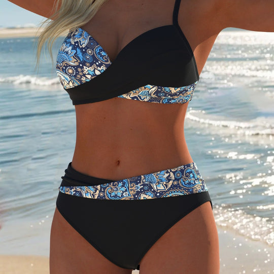 Damen Bandeau-Bikini mit einzigartigem Federmuster und hohem Taillenschnitt R&B