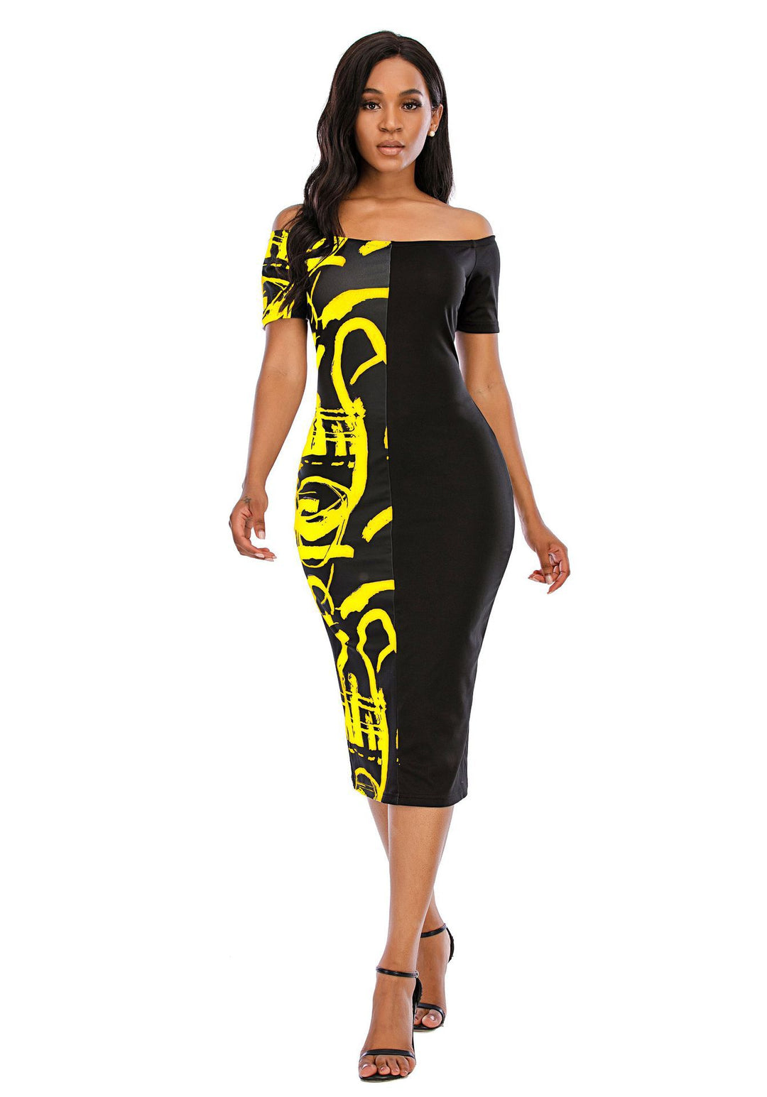 Damen Elegantes Off-Shoulder-Midikleid mit grafischem Druck und taillierter Silhouette R&B