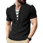 Herren Kurzarm-Henley-T-Shirt mit dekorativen Schnürdetails und atmungsaktiver Struktur R&B