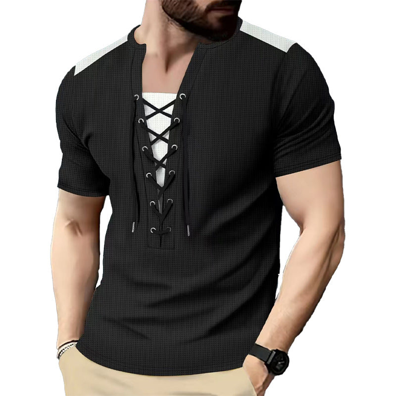 Herren Kurzarm-Henley-T-Shirt mit dekorativen Schnürdetails und atmungsaktiver Struktur R&B