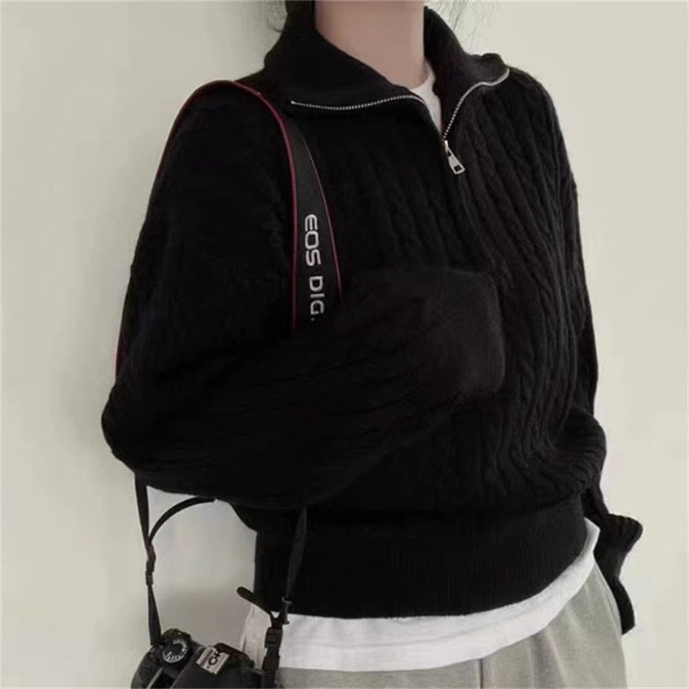 Damen kuscheliger Strickpullover mit hochschließendem Kragen und Zipper R&B