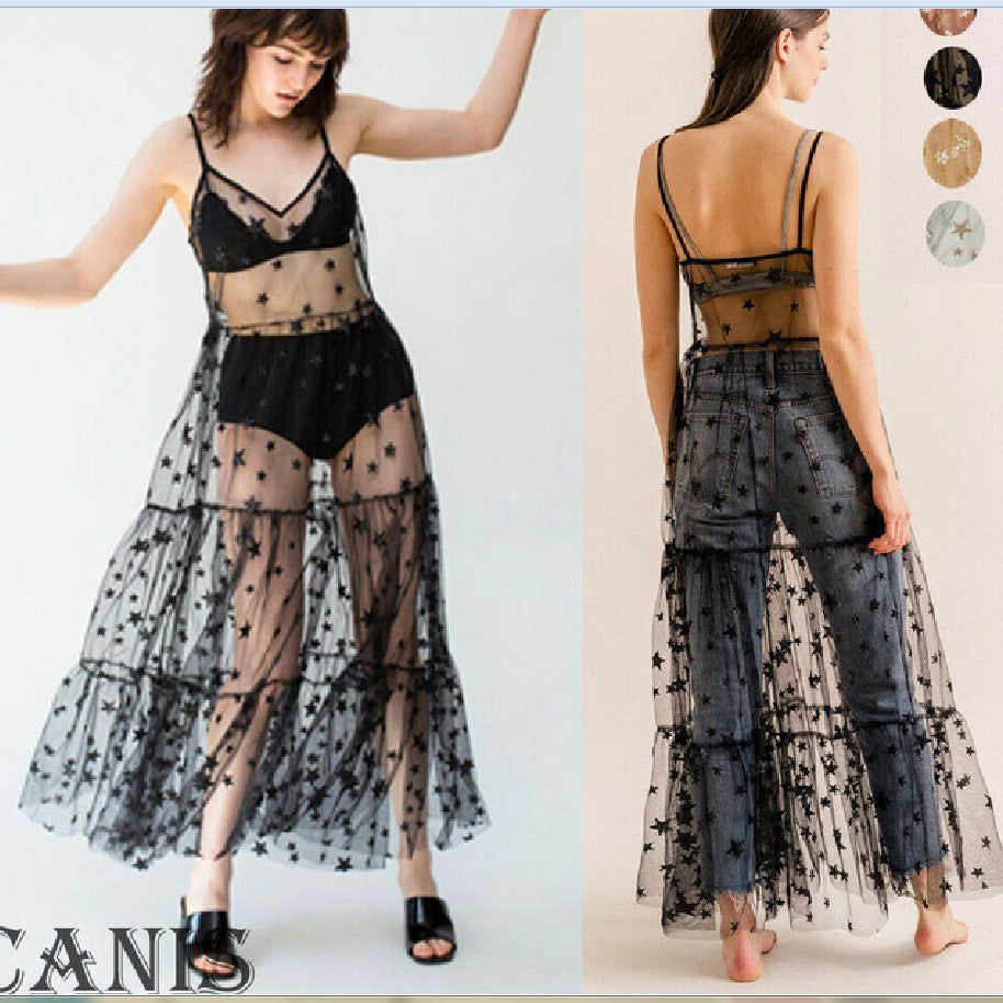 Damen Transparente Maxikleid aus Chiffon mit Sternen-Design und mehrlagigem Saum R&B
